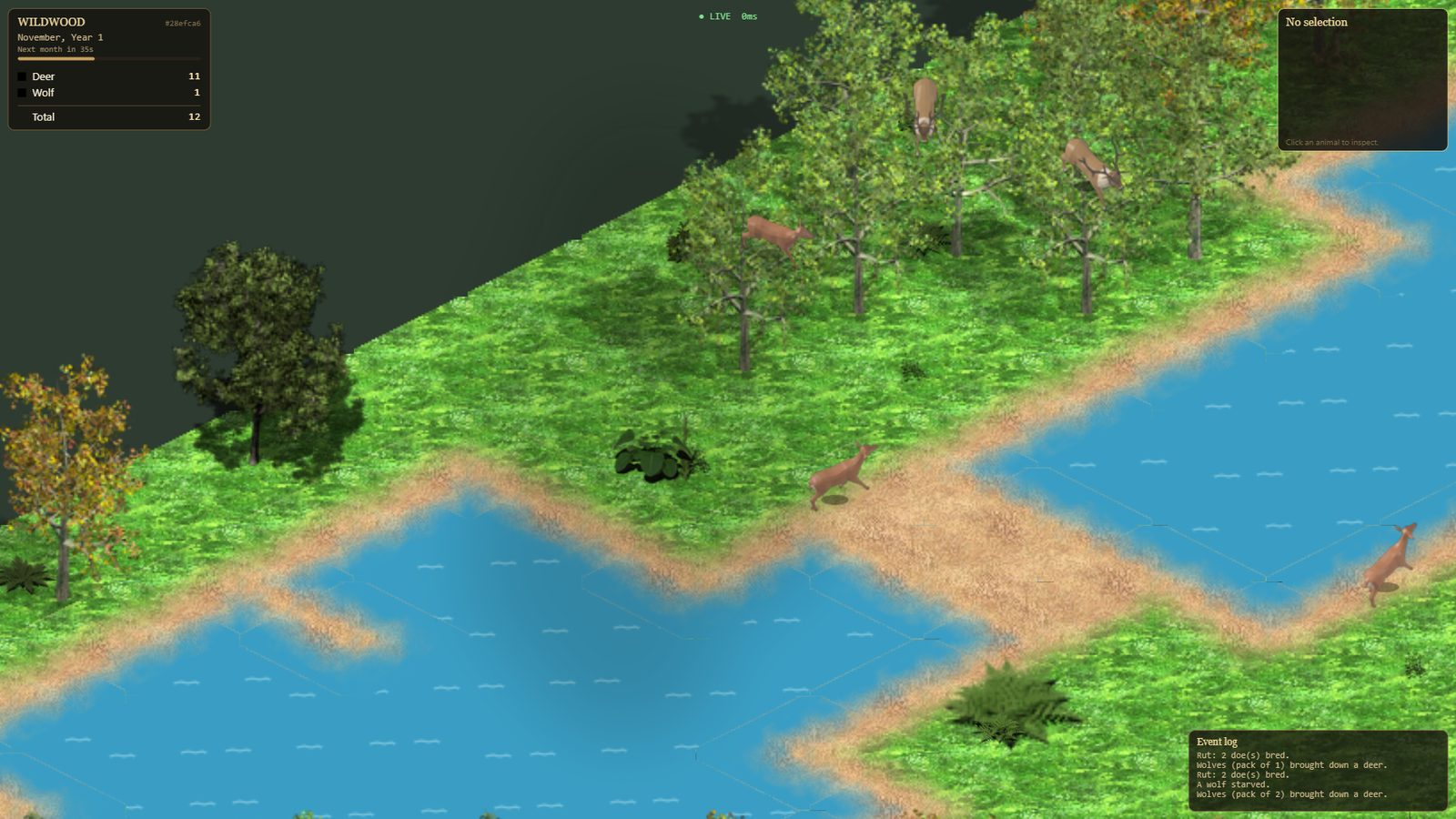 Several deer standing along a sandy pond shore under trees in the isometric forest.