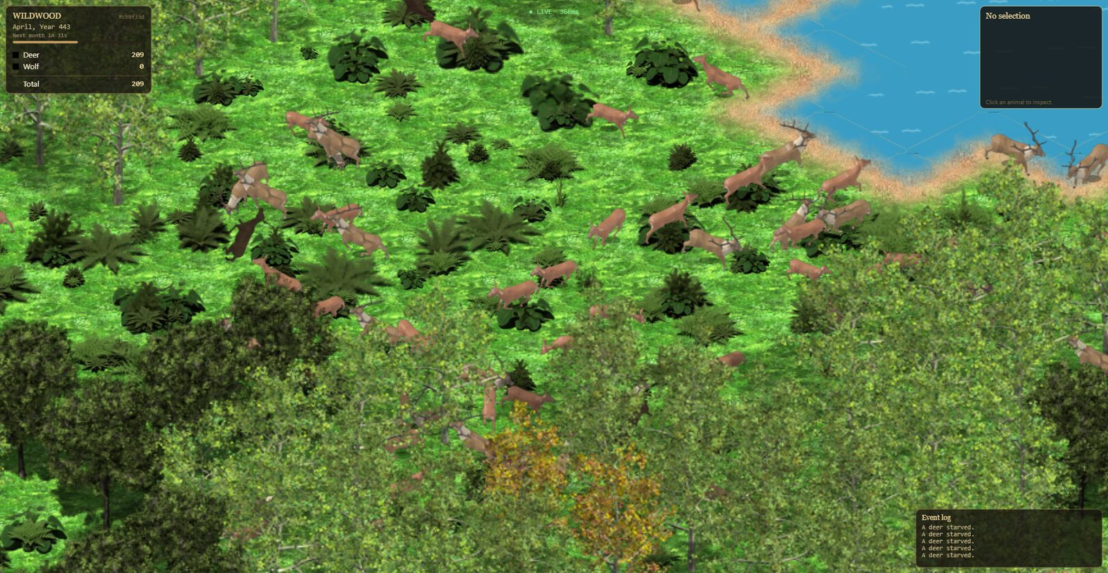 A dense crowd of deer covering the forest floor. The heads-up display reads: April, Year 443, Deer 209, Wolf 0, and the event log repeats 'A deer starved.'