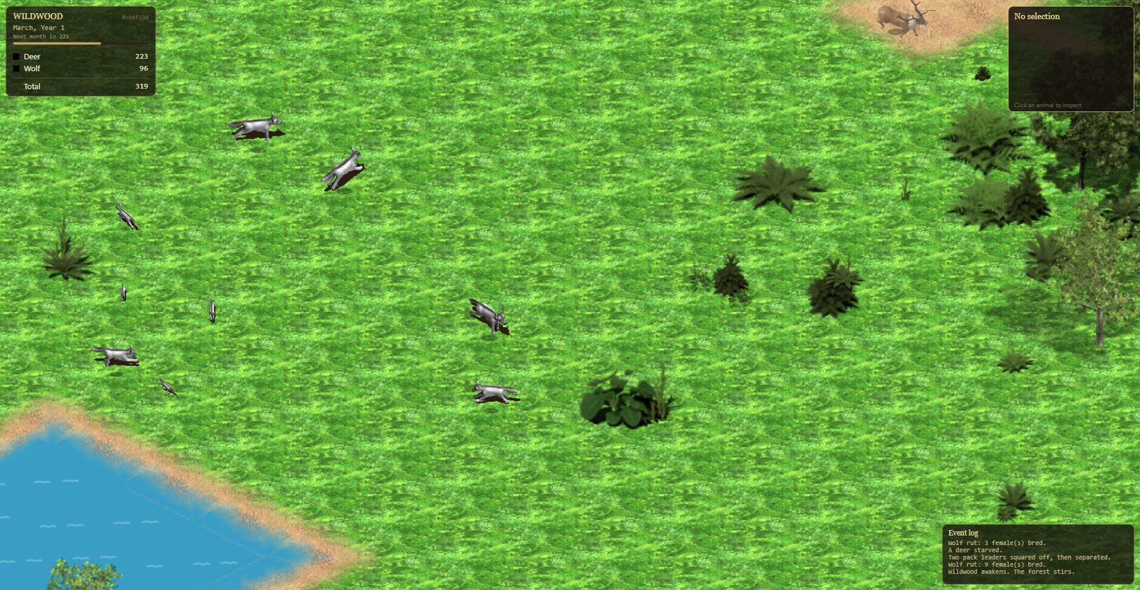 A pack of wolves running across open grass in the isometric forest.