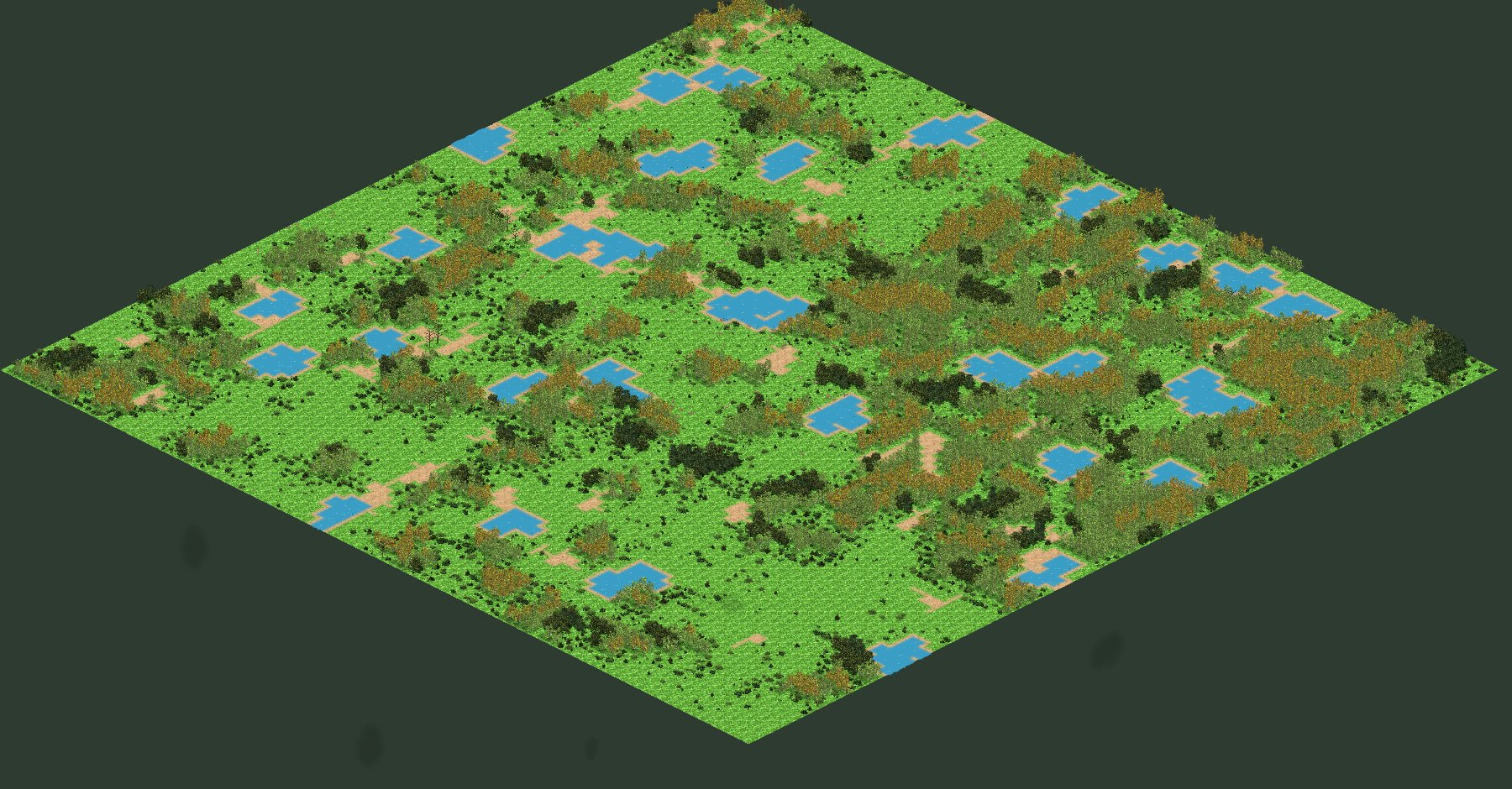 The whole Wildwood map seen from above: a 96 by 96 tile isometric diamond of grass, forest clusters, dirt clearings and scattered ponds.